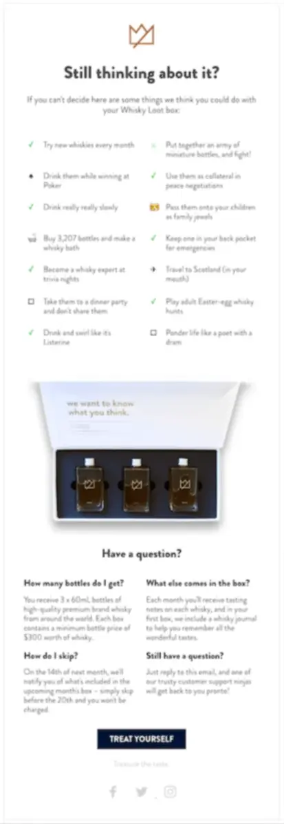 Abandoned-cart-email-templates-transactional Image shows an abandoned cart email from Whiskey Loot