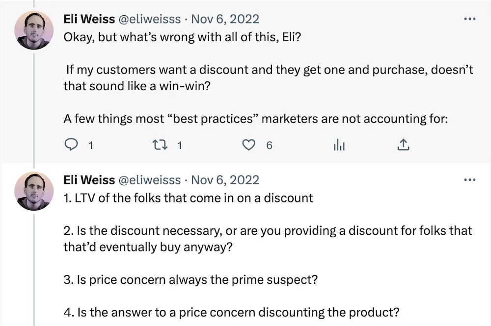 Eli-anti-discount Image shows tweets warning against discounts in abandoned cart emails