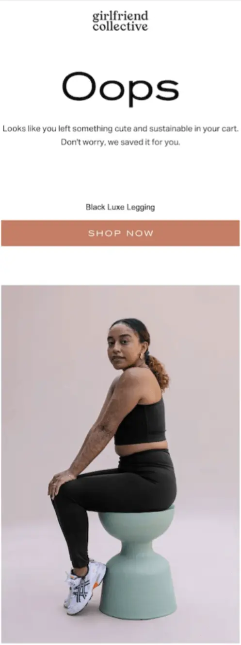 Best-abandoned-cart-email-examples Image shows an abandoned cart email from Girlfriend Collective