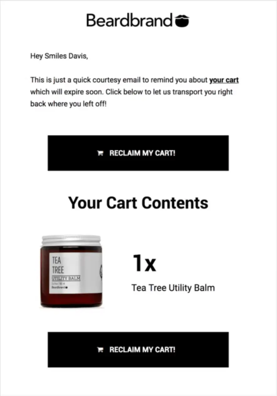 Cta-button Image shows an abandoned cart email from Beardbrand