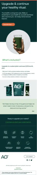 Athletic-greens-marketing-teams-checkout Image shows an upsell email from Athletic Greens