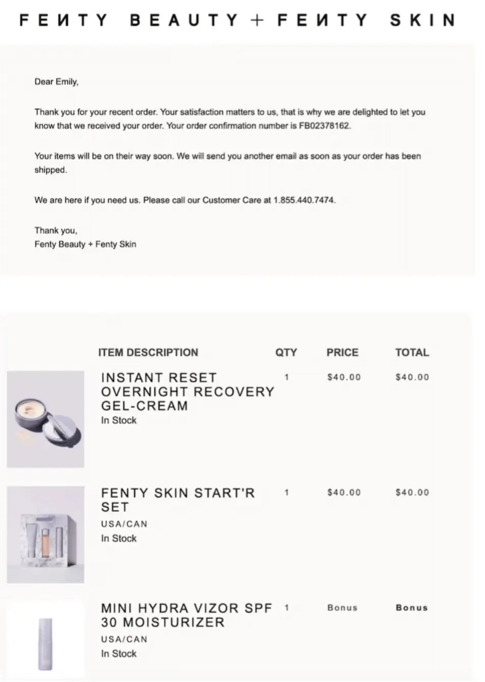 Fenty Image shows a post-purchase email from Fenty Skin
