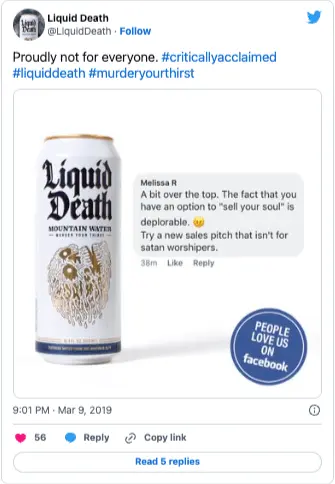 Liquid-Death-email-content-new-users Image shows a Tweet from Liquid Death featuring a negative review.