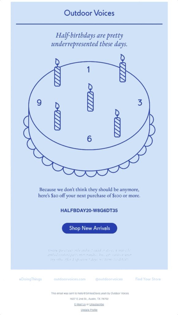 Outdoor-Voices-half-birthday Image shows a half-birthday email from Outdoor Voices.