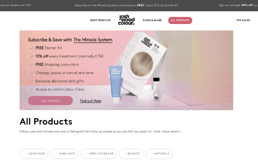 Image shows the final screen of a sign-up form sequence on the Josh Wood Colour website, which includes a CTA to start shopping.