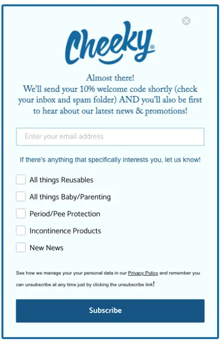 Image shows an email pop-up from Cheeky Wipes that asks new subscribers to check a box next to the types of products they want to know about.